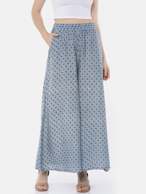 Bronz Women Blue & White Printed Wide Leg Palazzos
