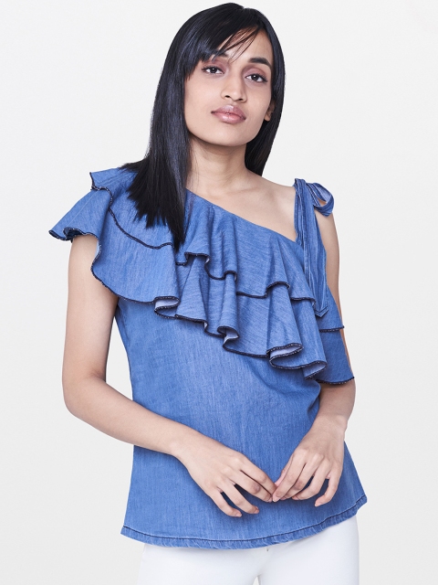 AND Women Blue Solid One-Shoulder Chambray Top