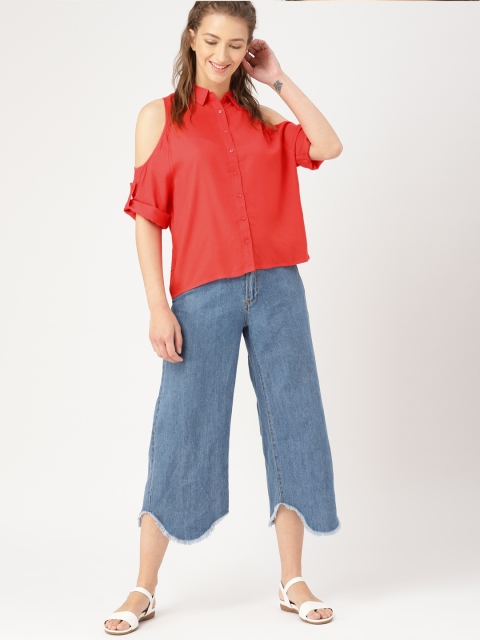 DressBerry Women Coral Red Regular Fit Solid Casual Shirt