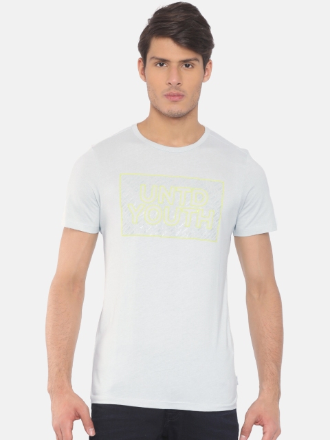 Jack Jones Men Grey Printed Round Neck Pure Cotton T-shirt
