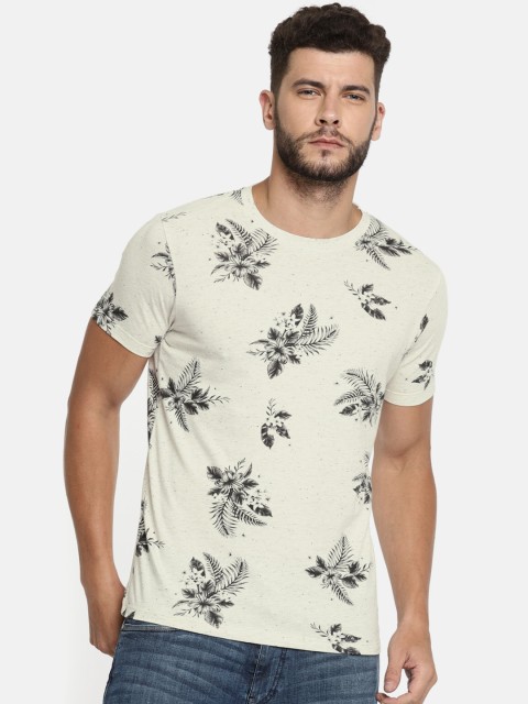 Jack & Jones Men Off-White Floral Printed Round Neck T-shirt