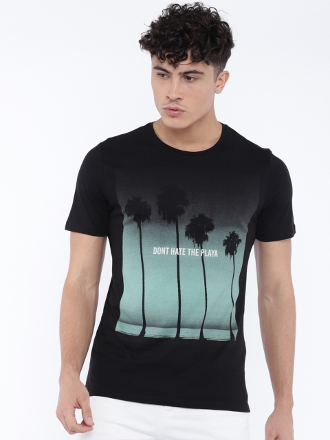 Jack & Jones Men Black Printed Round Neck T-shirt