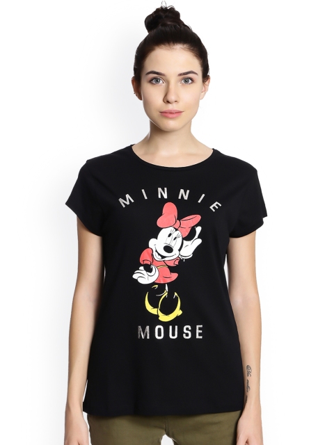 Free Authority Women Black Minnie Mouse Printed Round Neck T-Shirt