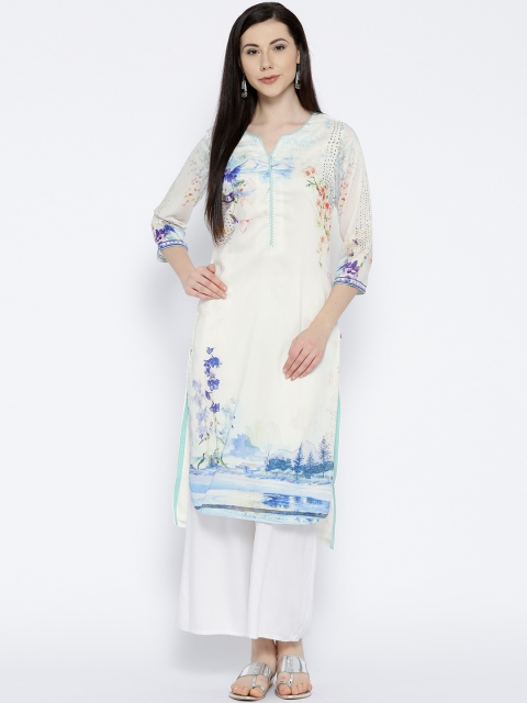 Biba Women White Floral Print Straight Kurta