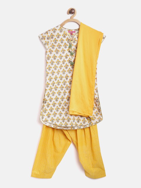 Biba Girls White & Yellow Printed Kurta with Salwar & Dupatta