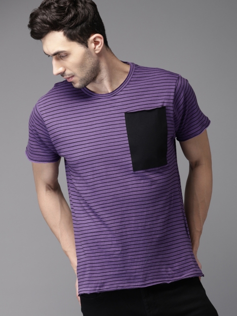 HERE&NOW Men Purple Striped Round Neck T-shirt