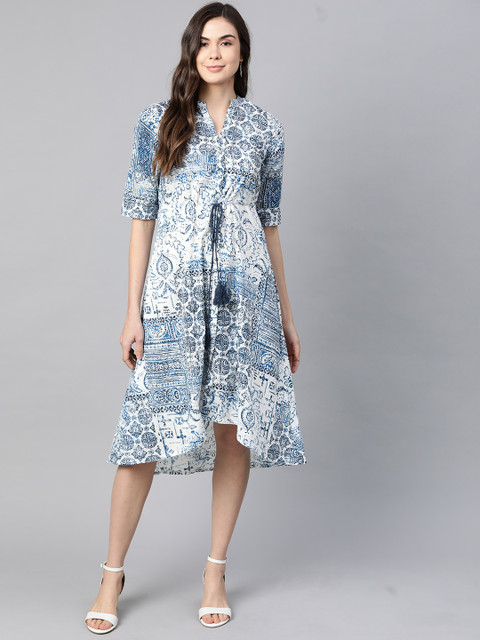 Rangriti White & Blue Ethnic Motifs Pure Cotton A-Line Midi Dress 
Rangriti White & Blue Ethnic Motifs Pure Cotton A-Line Midi Dress