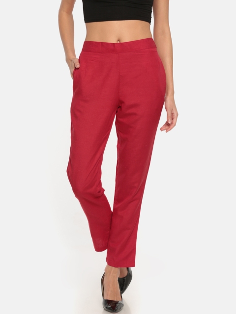 Go Colors Women Red Pencil Tapered Fit Cropped Cigarette Trousers