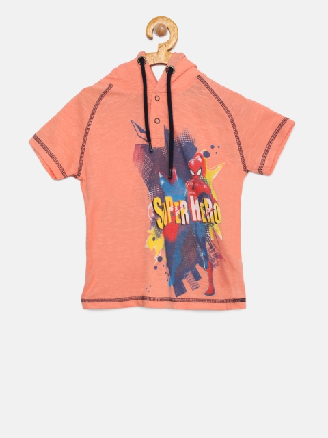 Colt Boys Coral Pink Printed Hooded T-shirt