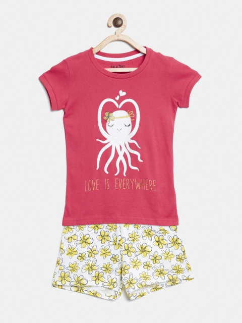 Palm Tree Girls Pink & Off-White Printed T-shirt with Shorts