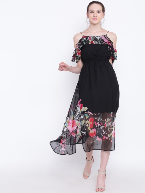 Madame Women Black Floral Print Layered Midi Empire Dress