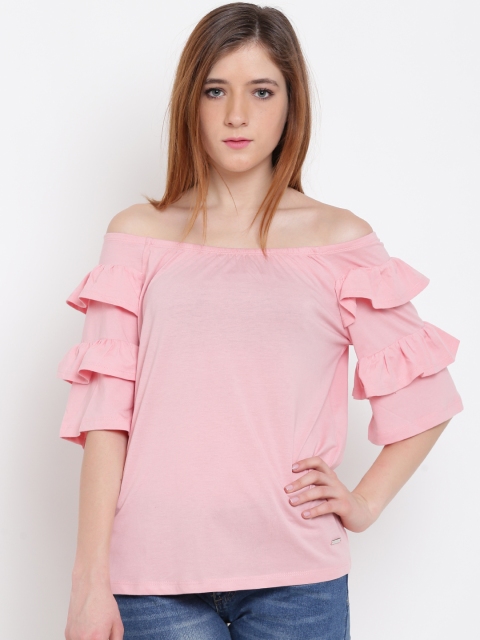 Madame Women Pink Ruffled Bardot Top