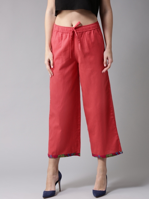 Moda Rapido Women Coral Red Cropped Wide Leg Solid Palazzos