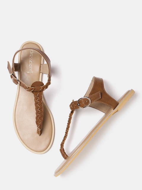 DressBerry Women Brown Solid T-Strap Flats