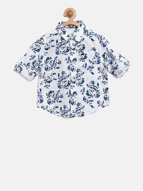United Colors of Benetton Boys White & Blue Regular Fit Printed Casual Shirt