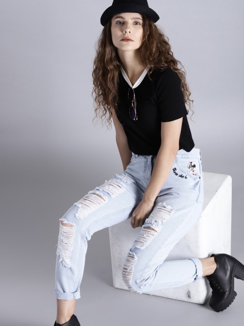 Kook N Keech Disney Women Blue Boyfriend Fit Mid-Rise Highly Distressed Jeans