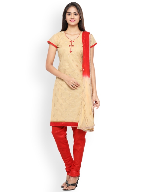 Satrani Beige & Red Pure Cotton Unstitched Dress Material