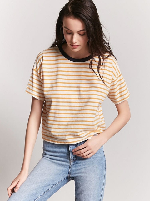 FOREVER 21 Women Off-White & Mustard Yellow Striped Round Neck T-shirt