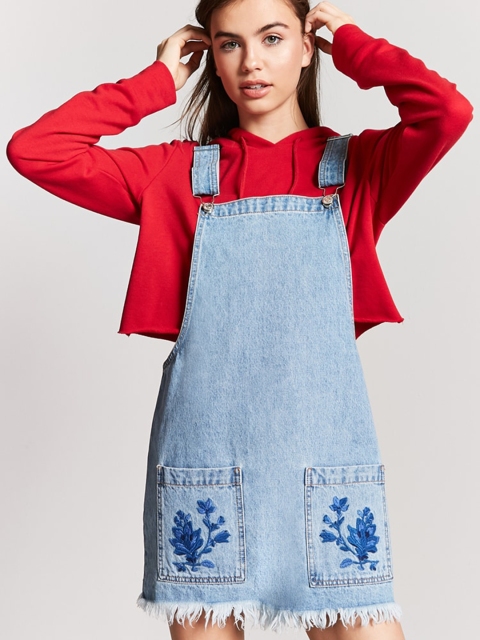 FOREVER 21 Women Blue Solid Denim Pinafore Dress