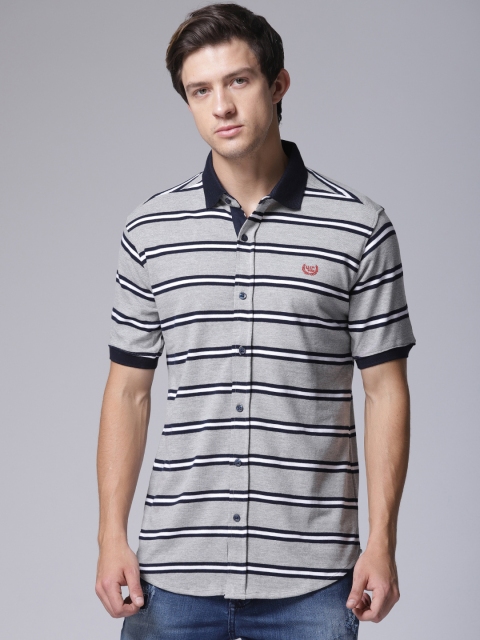 YWC Men Grey & Black Striped Polo Collar T-shirt