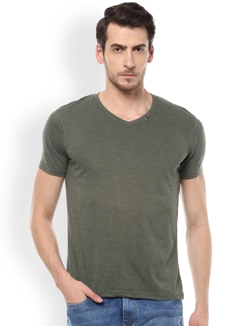 People Men Olive Green Solid V-Neck T-shirt