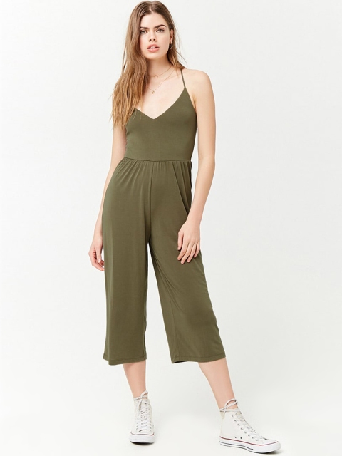 FOREVER 21 Olive Green Solid Culotte Jumpsuit