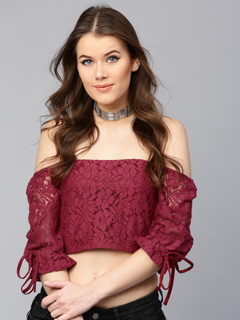 SASSAFRAS Women Maroon Lace Crop Bardot Pure Cotton Top 
SASSAFRAS Women Maroon Lace Crop Bardot Pure Cotton Top
