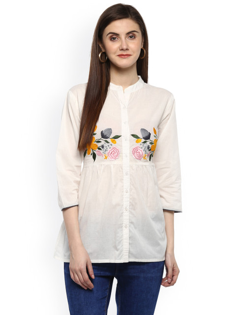 Bhama Couture Women White Solid Shirt Style Pure Cotton Top 
Bhama Couture Women White Solid Shirt Style Pure Cotton Top