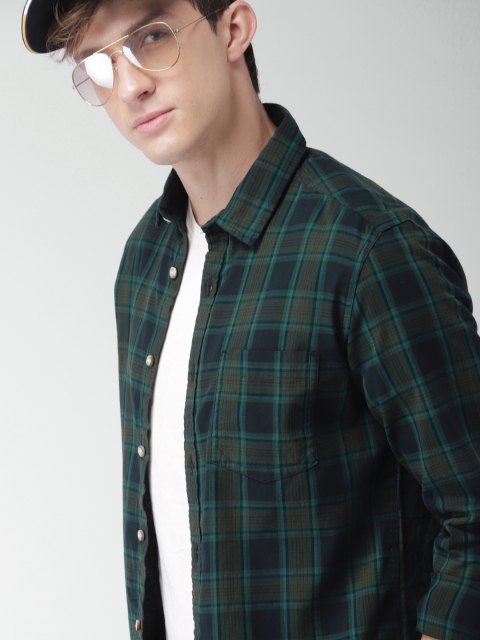Harvard Men Green & Blue Slim Fit Checked Casual Shirt