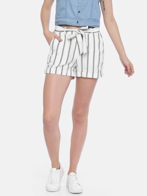 ONLY Women White & Blue Striped Regular Fit Shorts