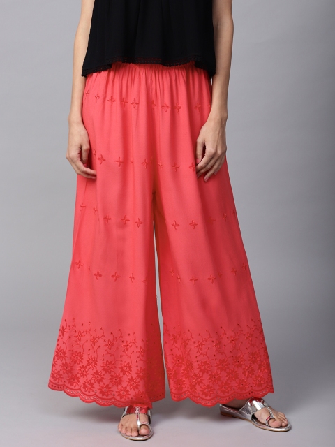 Jaipur Kurti Women Coral Pink Schiffly Embroidery Wide Leg Palazzos