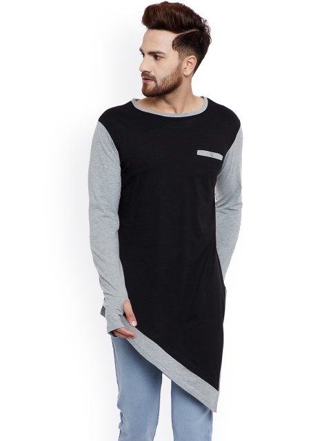 Hypernation Men Black Solid Round Neck Longline T-shirt
