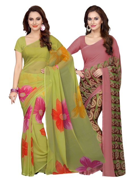 Ishin Selection of 2 Green & Pink Poly Georgette Printed Sarees