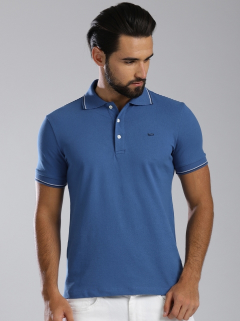 GAS Men Blue Solid Polo Collar T-shirt