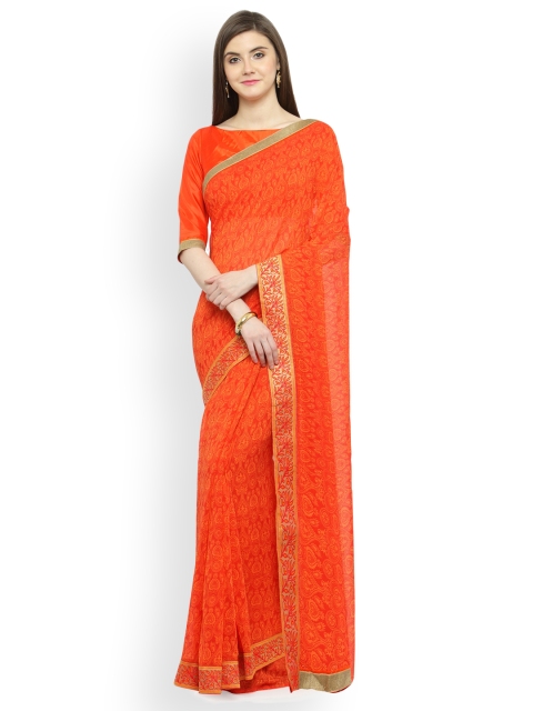 Shaily Orange Printed Pure Georgette Saree