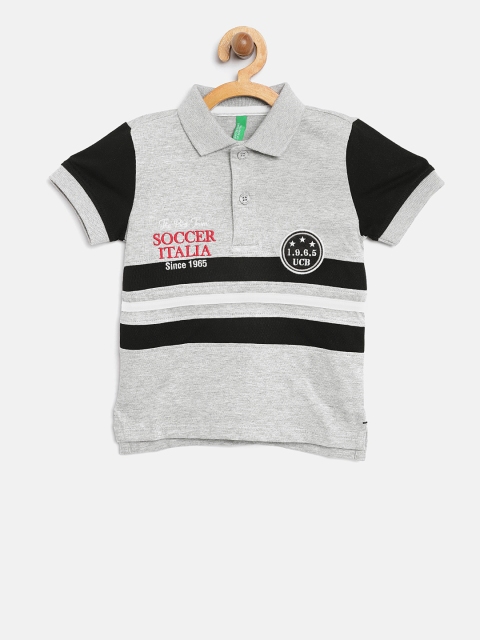 United Colors of Benetton Boys Grey Melange Printed Polo Collar T-shirt