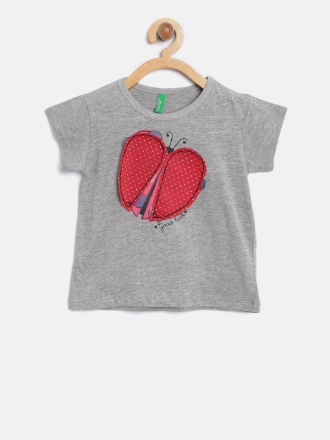 United Colors of Benetton Girls Grey Melange Self Design Round Neck T-shirt