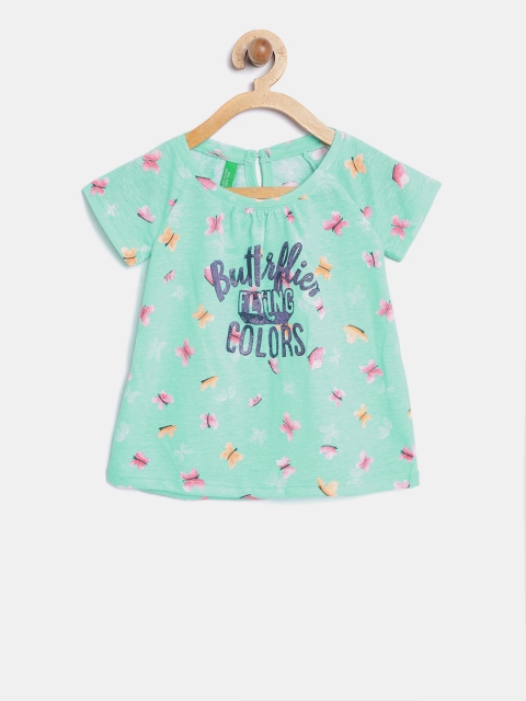 United Colors of Benetton Girls Blue Printed Round Neck T-shirt