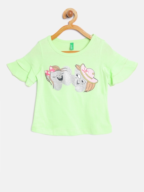 United Colors of Benetton Girls Green Printed Pure Cotton Top