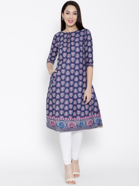 AURELIA Women Navy Printed A-Line Kurta, Navy blue