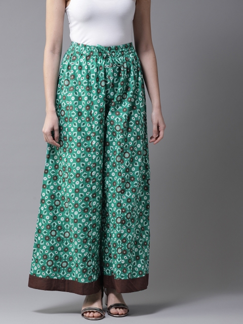 Moda Rapido Women Green & Brown Printed Wide Leg Palazzos