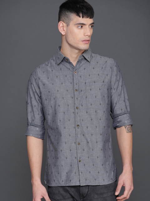 WROGN Men Grey Slim Fit Self-Design Casual Shirt