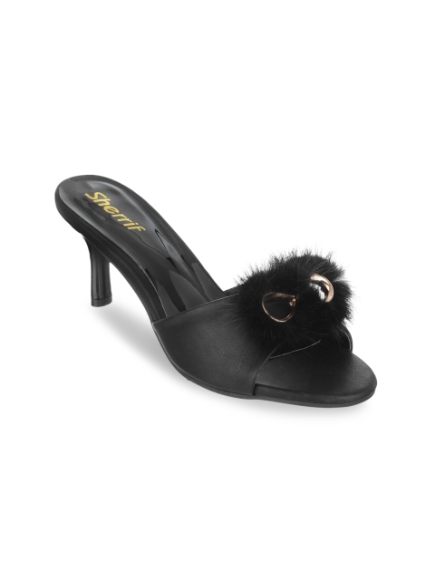 Sherrif Shoes Women Black Solid Heels with Faux Fur