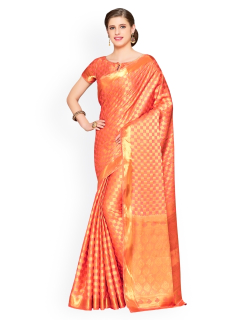 MIMOSA Orange Poly Crepe Woven Design Kanjeevaram Saree