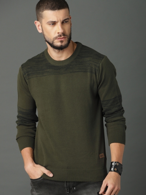 Roadster Men Olive Green Solid Pullover