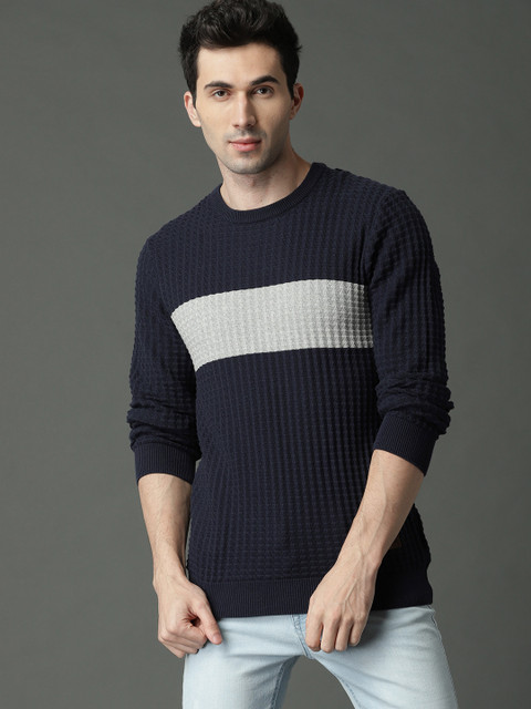 Roadster Men Navy Blue & Grey Patterned Colourblocked Sweater
Roadster Men Navy Blue & Grey Patterned Colourblocked Sweater
