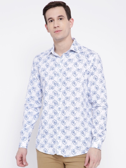 DENNISON Men White & Blue Slim Fit Printed Casual Shirt