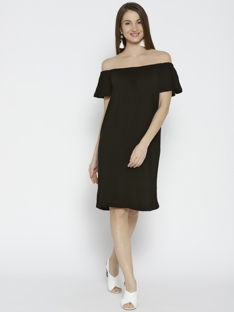 Cottonworld Women Black Off Shoulder A-Line Dress