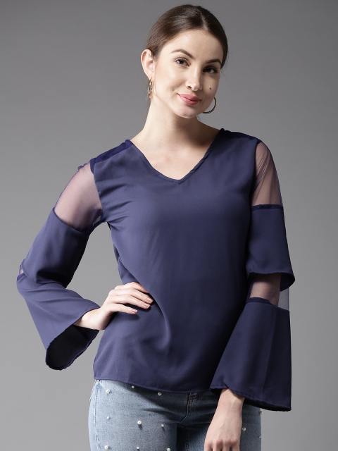 HERE&NOW Women Navy Blue Solid Top