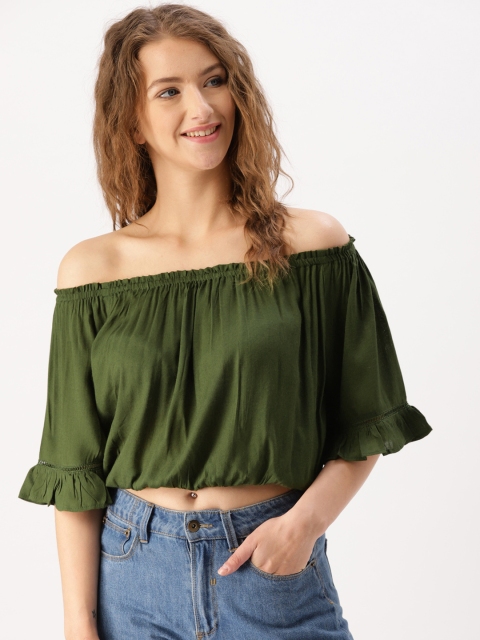 DressBerry Women Olive Green Solid Off-shoulder Bardot Top